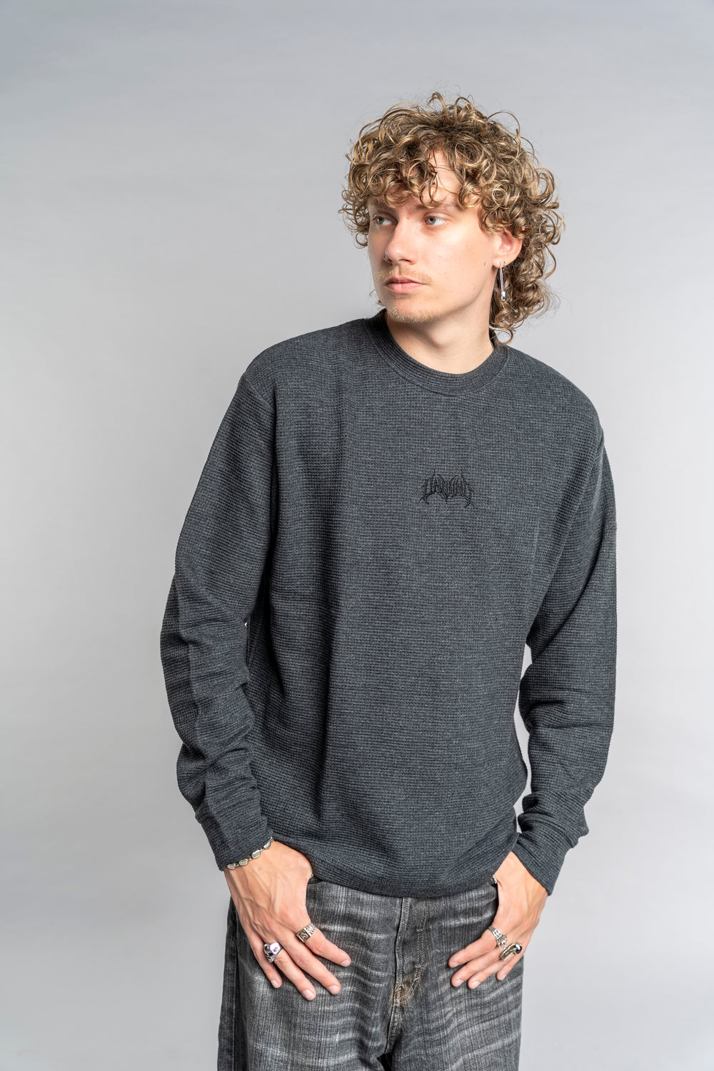 BLACK LOGO WAFFLE LONG SLEEVE