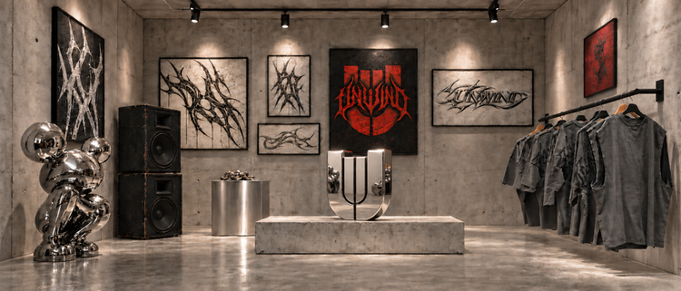 Concrete UNWIND showroom with a chrome U sculpture, a red UNWIND logo artwork, tribal wall art and a rail of grey streetwear