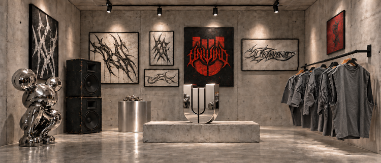 Concrete UNWIND showroom with a chrome U sculpture, a red UNWIND logo artwork, tribal wall art and a rail of grey streetwear